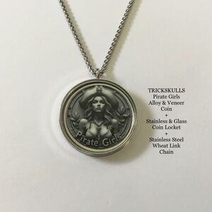 Pirate Girls Alloy & Veneer Coin + Stainless Locket + Custom Wheat Link Chain